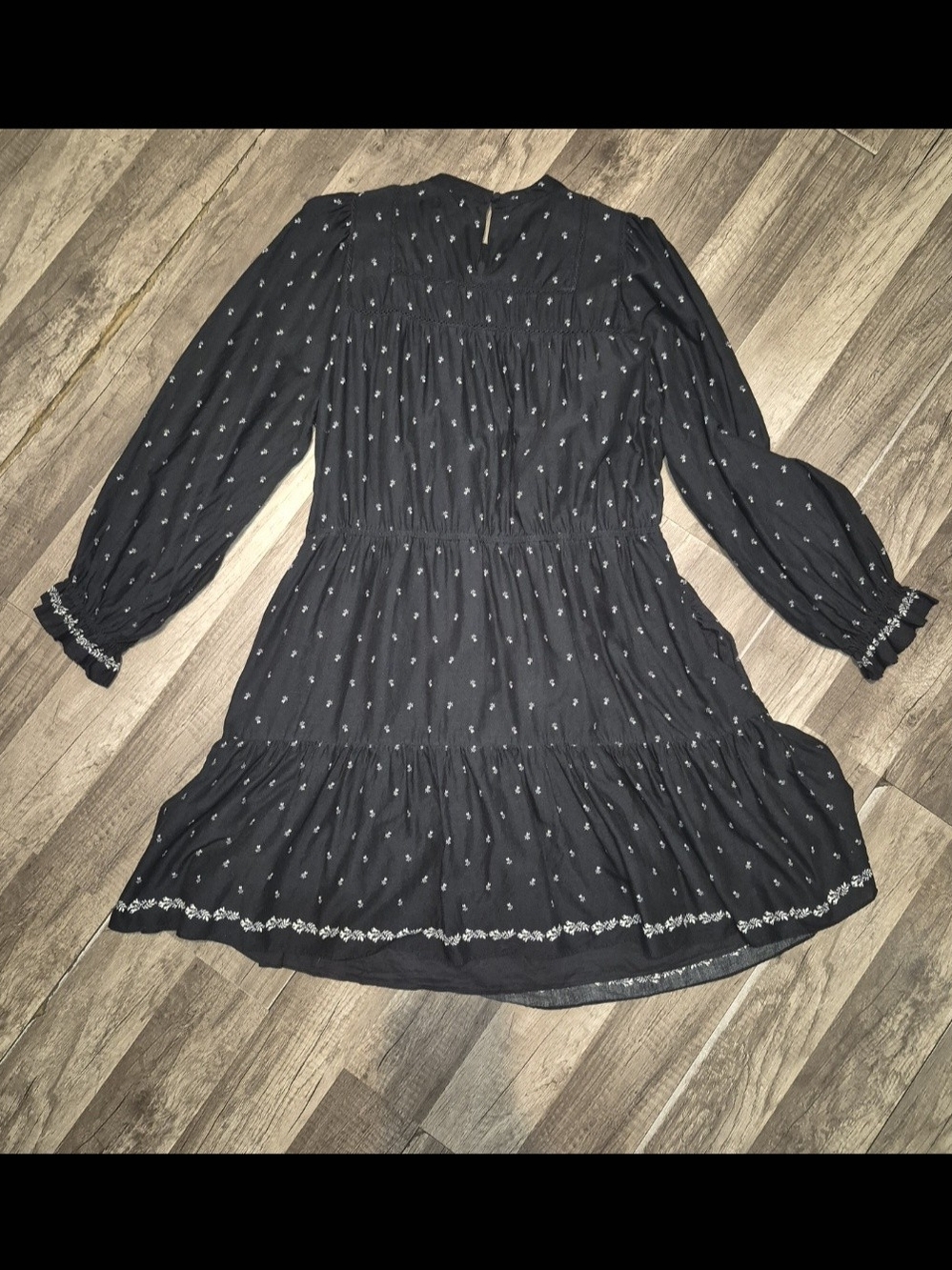 Madewell Black Tiered Long-Sleeve Dress with White Embroidery